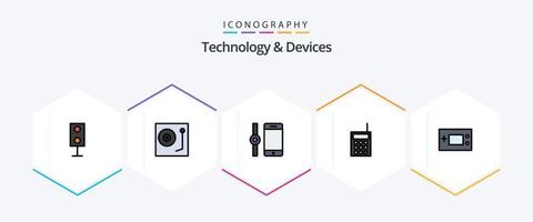 Devices 25 FilledLine icon pack including walkie. radio. turntable. hardware. smartphone vector