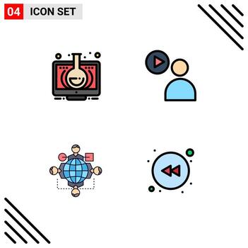 conjunto de color plano de línea de relleno de interfaz móvil de 4 pictogramas de elementos de diseño de vector editables de lógica de reproducción de monitor de función de aprendizaje electrónico
