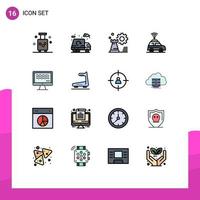 Pack of 16 Modern Flat Color Filled Lines Signs and Symbols for Web Print Media such as live location truck car setting Editable Creative Vector Design Elements