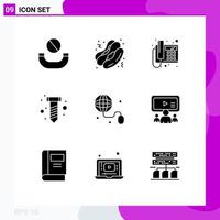 Editable Vector Line Pack of 9 Simple Solid Glyphs of online web telephone internet screw Editable Vector Design Elements