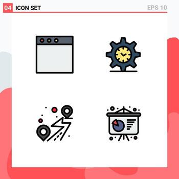 paquete de interfaz de usuario de 4 colores planos básicos de línea de relleno de elementos de diseño de vector editables de presentación de negocio de reloj de engranaje de ruta de aplicación