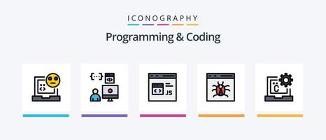 La línea de programación y codificación llenó el paquete de 5 íconos, incluido el desarrollo. codificación. documento. sitio. error. diseño de iconos creativos vector