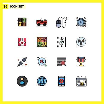 conjunto de líneas llenas de color plano de interfaz móvil de 16 pictogramas de alarma de reloj de contacto de tiempo de ventana elementos de diseño de vectores creativos editables