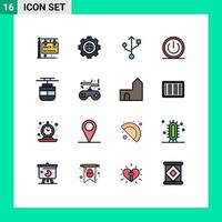 Group of 16 Flat Color Filled Lines Signs and Symbols for transport ui gear power off Editable Creative Vector Design Elements