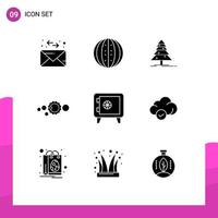 Group of 9 Modern Solid Glyphs Set for money solar system tree universe solar Editable Vector Design Elements