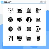 Mobile Interface Solid Glyph Set of 16 Pictograms of clock recorder building video camera Editable Vector Design Elements