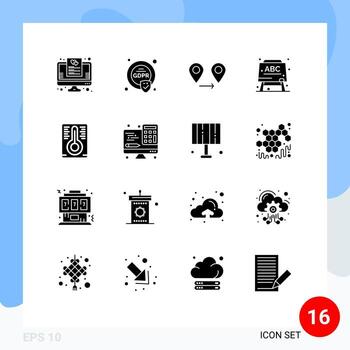 Set of 16 Vector Solid Glyphs on Grid for computer temperature measurement gps temperature education Editable Vector Design Elements