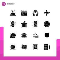 Set of 16 Vector Solid Glyphs on Grid for acropolis children earth saving child plane Editable Vector Design Elements