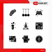 9 User Interface Solid Glyph Pack of modern Signs and Symbols of spaceship launcher romance science plant Editable Vector Design Elements