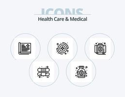 cuidado de la salud y línea médica icon pack 5 icon design. médico. paciente. caja. historia. cinta vector