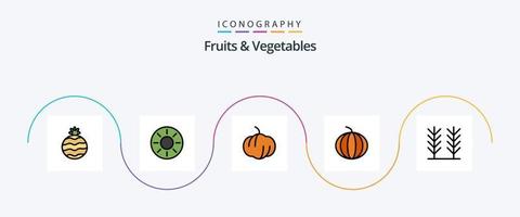la línea de frutas y verduras llenó el paquete de iconos planos 5 que incluye. calabaza. alimento vector
