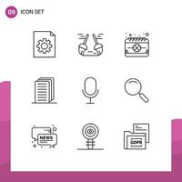 Mobile Interface Outline Set of 9 Pictograms of record mic date file business Editable Vector Design Elements