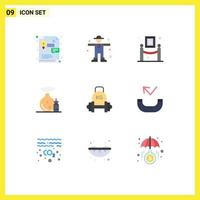 User Interface Pack of 9 Basic Flat Colors of equipment barbell exhibition spa oil Editable Vector Design Elements