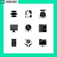 Group of 9 Solid Glyphs Signs and Symbols for human hardware implementation technology volume Editable Vector Design Elements