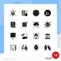 Mobile Interface Solid Glyph Set of 16 Pictograms of page document scale icelandic currency Editable Vector Design Elements