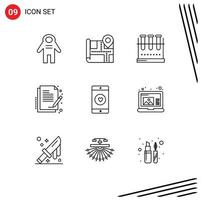 Universal Icon Symbols Group of 9 Modern Outlines of mobile document erlenmeyer flask sign contract Editable Vector Design Elements