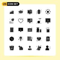 Pack of 25 Modern Solid Glyphs Signs and Symbols for Web Print Media such as protect programing monitor layers design Editable Vector Design Elements