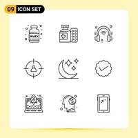 Outline Pack of 9 Universal Symbols of moon target headphone management business Editable Vector Design Elements