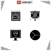 Pack of 4 Modern Solid Glyphs Signs and Symbols for Web Print Media such as web heart online strategy pulse Editable Vector Design Elements