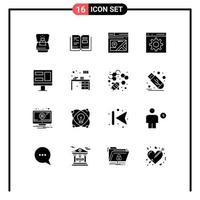 Pack of 16 creative Solid Glyphs of monitor programming web development coding Editable Vector Design Elements