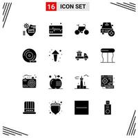 Set of 16 Vector Solid Glyphs on Grid for compact disc vehicles bicycle star car Editable Vector Design Elements