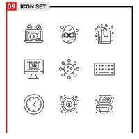 Universal Icon Symbols Group of 9 Modern Outlines of biochemistry movie egg entertaiment romance Editable Vector Design Elements