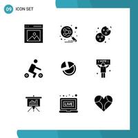 9 Universal Solid Glyphs Set for Web and Mobile Applications pie chart sport search engine riding food Editable Vector Design Elements