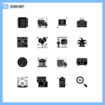 paquete de 16 signos y símbolos de glifos sólidos modernos para medios de impresión web, como elementos de diseño de vectores editables de fotos del sitio web de reproducción del servidor de alojamiento