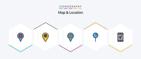 paquete de iconos de 25 líneas completas de mapa y ubicación, incluido el móvil. puntero. ubicación. mapa. más vector
