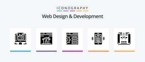paquete de iconos de glifo 5 de diseño y desarrollo web que incluye mp . móvil . página . configuración. diseño de iconos creativos vector