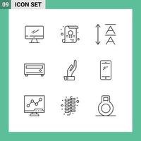 User Interface Pack of 9 Basic Outlines of smart phone share font hand player Editable Vector Design Elements