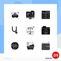 Group of 9 Modern Solid Glyphs Set for light crypto currency communication crypto sibcoin Editable Vector Design Elements