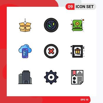 conjunto de pictogramas de 9 colores planos de línea de llenado simple de elementos de diseño de vector editable de duende de nube de microbio de computación celular