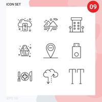 Mobile Interface Outline Set of 9 Pictograms of location sweets house soft serve dessert Editable Vector Design Elements