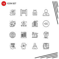 User Interface Pack of 16 Basic Outlines of finance investment t shrit businessman search Editable Vector Design Elements