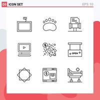 Pack of 9 Modern Outlines Signs and Symbols for Web Print Media such as money launch book business player Editable Vector Design Elements