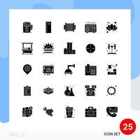 Set of 25 Vector Solid Glyphs on Grid for drink flower audio chinese news Editable Vector Design Elements