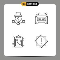 Set of 4 Modern UI Icons Symbols Signs for pen path design audio cassette tactics Editable Vector Design Elements