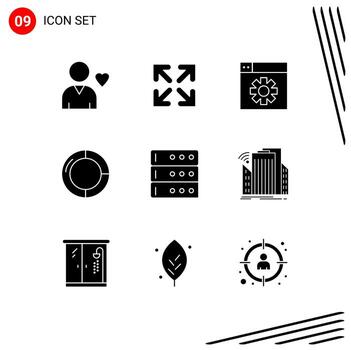 grupo de 9 glifos sólidos modernos establecidos para la base de datos de configuración del servidor de la ciudad elementos de diseño vectorial editables vector