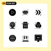 Modern Set of 9 Solid Glyphs Pictograph of balance post multimedia mail review Editable Vector Design Elements