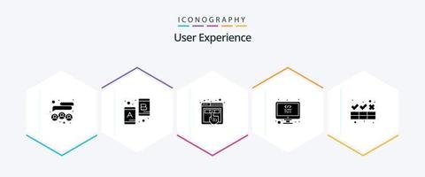 paquete de iconos de 25 glifos de experiencia de usuario que incluye limpieza. programación. diseño. LCD. ux vector