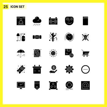 Set of 25 Vector Solid Glyphs on Grid for machine face audio recording emotion sound recording Editable Vector Design Elements