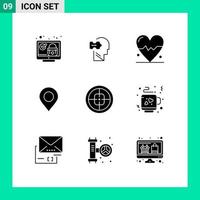 Pictogram Set of 9 Simple Solid Glyphs of badge world solving pin map Editable Vector Design Elements