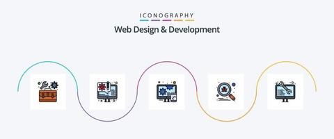 La línea de diseño y desarrollo web llenó el paquete de iconos Flat 5 que incluye software. seguro. buscar. bicho vector