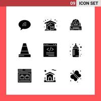 Pack of 9 creative Solid Glyphs of coding browser cosmonaut traffic cone Editable Vector Design Elements