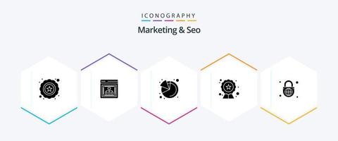 paquete de iconos de 25 glifos de marketing y seo que incluye globo con candado. globo. Gráfico circular. seguridad. insignia vector