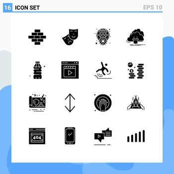 Modern Set of 16 Solid Glyphs Pictograph of drink power internet network connection Editable Vector Design Elements