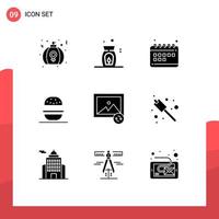 Mobile Interface Solid Glyph Set of 9 Pictograms of photo usa schedule american burger Editable Vector Design Elements