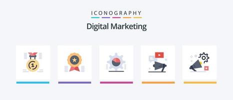 paquete de iconos planos de marketing digital 5 que incluye youtube. megáfono. medalla. Estadísticas. Gráfico de torta. diseño de iconos creativos vector