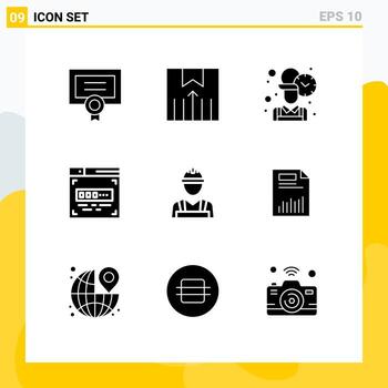 Mobile Interface Solid Glyph Set of 9 Pictograms of labour labour man employee front end development code Editable Vector Design Elements